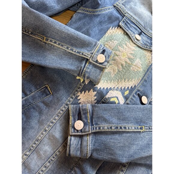 LuLaRoe Jean Jacket Size Small Southwest Aztec Boho Embroidered Blue Denim Hippi - Picture 10 of 15